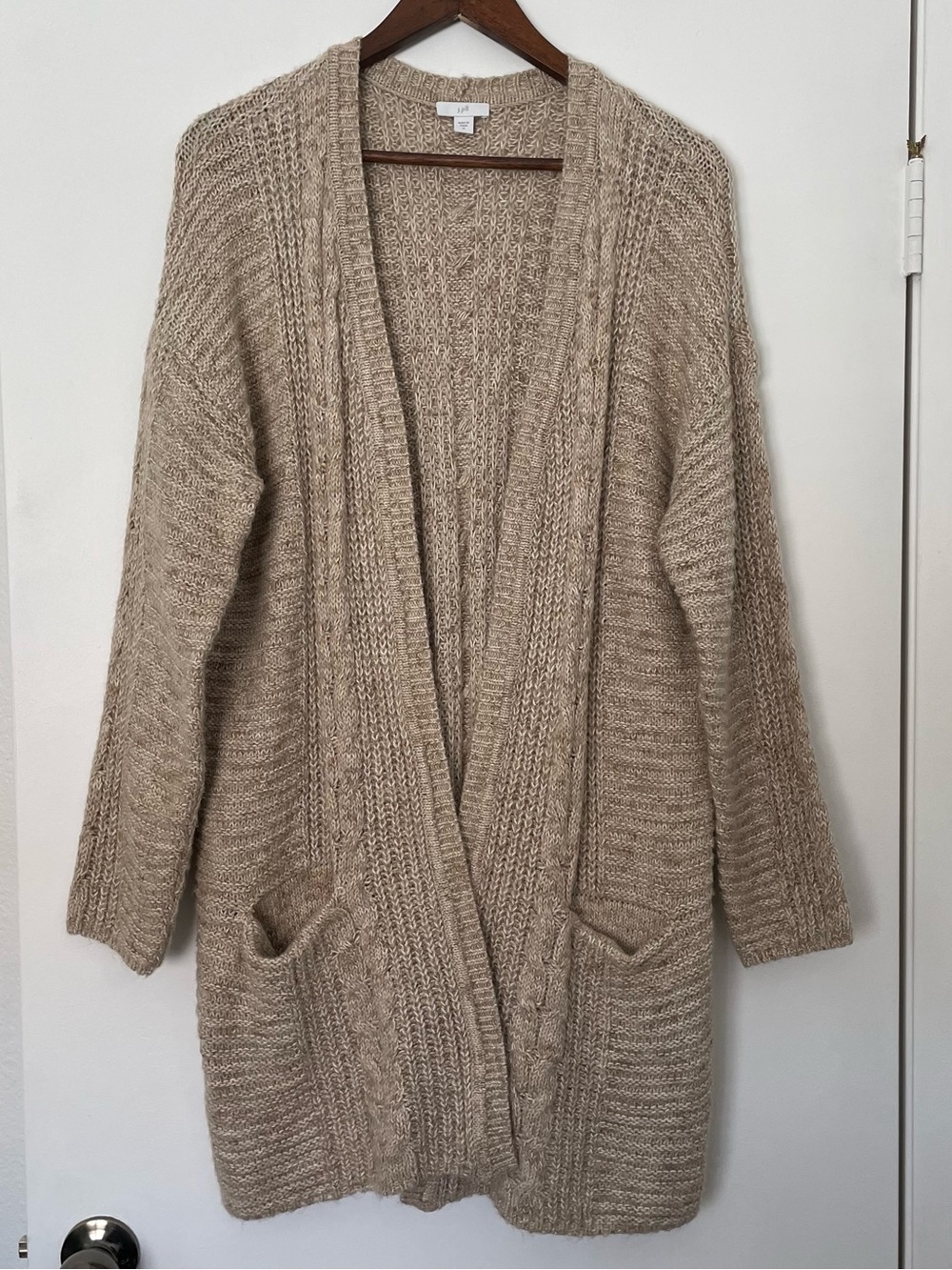J Jill Cardigan Medium Beige Cable Knit Long Open Front Oversized Sweater Pocket